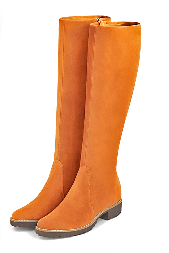 Apricot orange women's riding knee-high boots. Round toe. Flat rubber soles. Made to measure. Front view - Florence KOOIJMAN